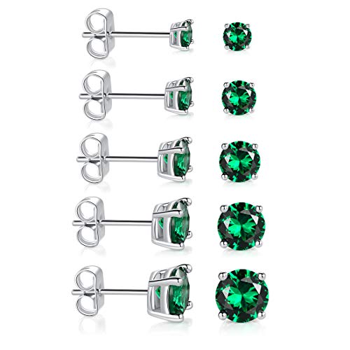 18K White Gold Plated Stud Earrings 4 Prong Brilliant Round Cut 3-7MM Ruby / Emerald / Sapphire Cubic Zirconia Earring Studs ( 5 Pairs )