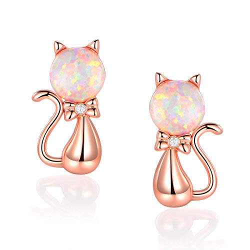 GEMSME Fire Opal Cat Owl Stud Earrings 18K Rose Gold Plated Earrings Cute Hypollegenic Jewelry for Women