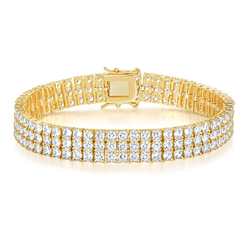 GEMSME Gold Bracelets for Men and Women 18K Yellow Gold Plated 3 Row Round Cubic Zirconia Classic Tennis Bracelet Size 6.5/7/7.5/8/8.5 Inch
