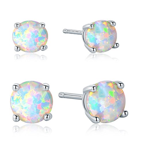 GEMSME 18K White Gold Plated 6mm Round White Opal Stud Earrings For Women