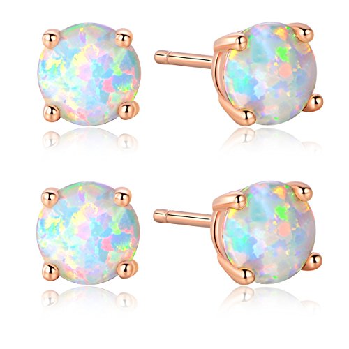 GEMSME 18K Rose Gold Plated Opal Stud Earrings 6MM Round For Women