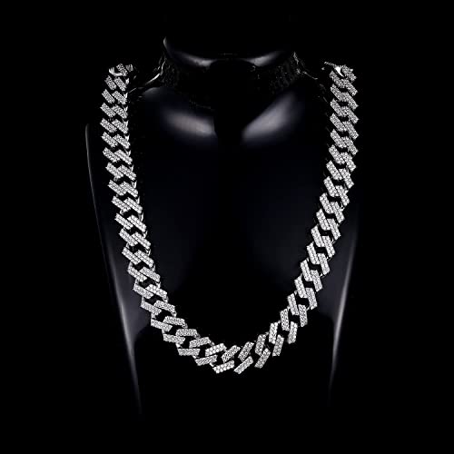 GEMSME Full Iced Out Cubic Zirconia Cuban Link Chain Hip Hop 18K White Gold Plated Miami Cuban Link Chain Necklace for Men Women