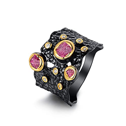 GEMSME 925 Sterling Silver Band Rings for Women & Men Red Gemstone Black Ring Hypoallergenic Personalized Jewelry Gift for Halloween