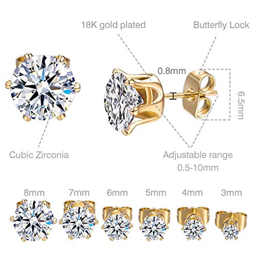 GEMSME 18K Yellow Gold Plated Round Cubic Zirconia Stud Earrings Pack of 6