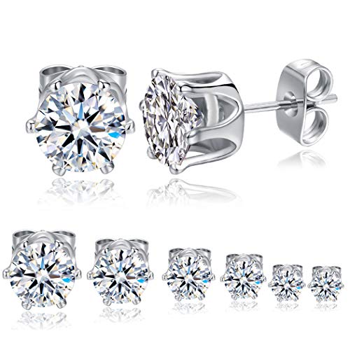 GEMSME 18K White Gold Plated Round Cubic Zirconia Stud Earrings Pack of 6