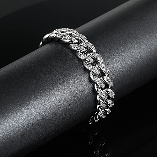 GEMSME Cuban Link Bracelet 18K White Gold Plated Bracelet Iced Out Cubic Zirconia Hip Hop Jewelry for Women Men