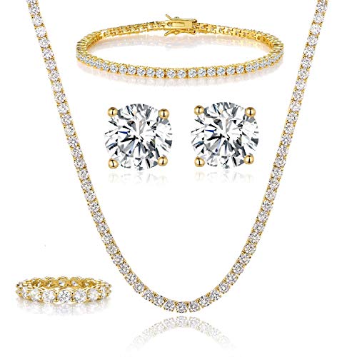 Gemsme 18K Yellow Gold Plated Tennis Necklace/Bracelet/Earrings/Band Ring Sets Pack of 4