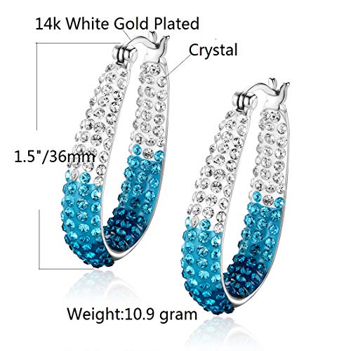 GEMSME 14K Gold Plated White and Blue Crystal Created Hoop Earrings for Women Christmas Gift