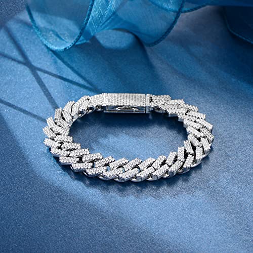 GEMSME 18K White Gold Plated Bracelet Full Iced Out Cubic Zirconia Cuban Link Chain Hip Hop Bracelet for Men Women
