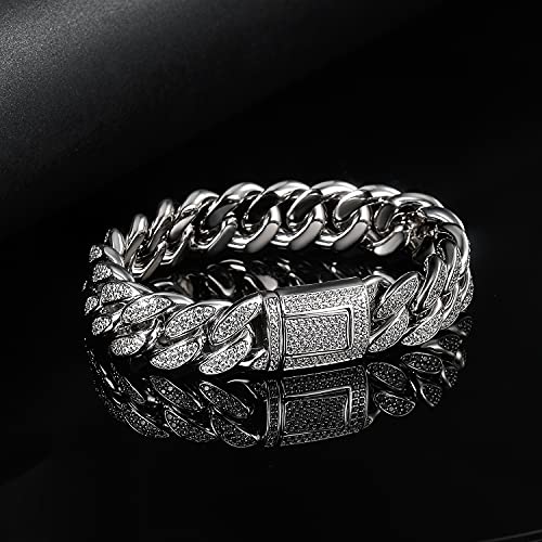 GEMSME Cuban Link Bracelet 18K White Gold Plated Bracelet Iced Out Cubic Zirconia Hip Hop Jewelry for Women Men