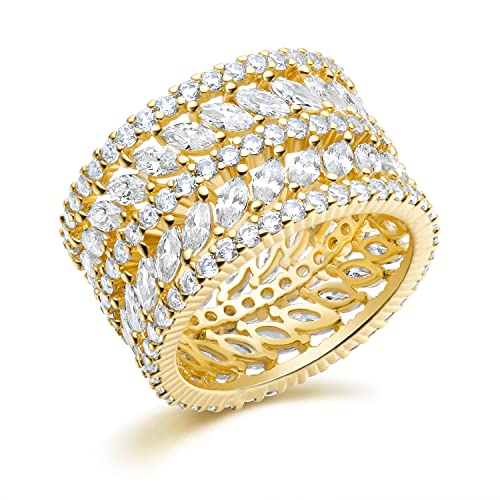 GEMSME 14K Yellow Gold Plated Marquise Cubic Zirconia Eternity Statement Ring for Women Men