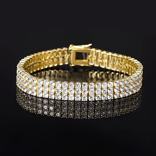 GEMSME Gold Bracelets for Men and Women 18K Yellow Gold Plated 3 Row Round Cubic Zirconia Classic Tennis Bracelet Size 6.5/7/7.5/8/8.5 Inch