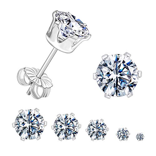 GEMSME 925 Sterling Sliver Stud Earrings Round Cubic Zirconia Stud Women Men Sparkly Jewelry Pack of 5
