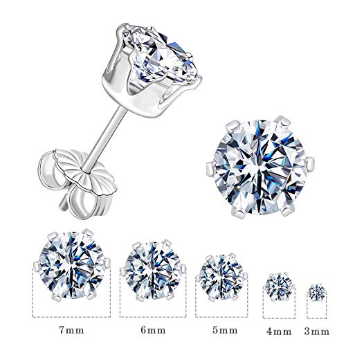 GEMSME 925 Sterling Sliver Stud Earrings Round Cubic Zirconia Stud Women Men Sparkly Jewelry Pack of 5