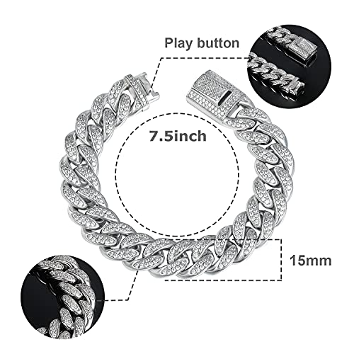 GEMSME Cuban Link Bracelet 18K White Gold Plated Bracelet Iced Out Cubic Zirconia Hip Hop Jewelry for Women Men