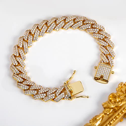 GEMSME 18K Yellow Gold Plated Bracelet Full Iced Out Cubic Zirconia Cuban Link Chain Hip Hop Bracelet for Men Women 7.5 Inch