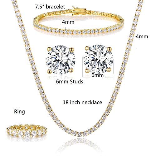 Gemsme 18K Yellow Gold Plated Tennis Necklace/Bracelet/Earrings/Band Ring Sets Pack of 4