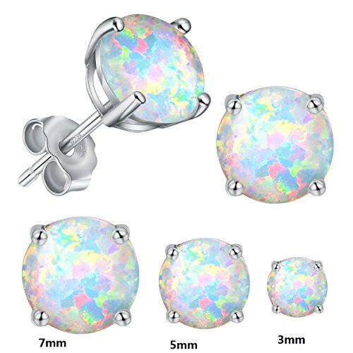 925 Sterling Silver 3/5/7mm Round Opal Stud Earrings Plated With 18K White Gold Pack of 3