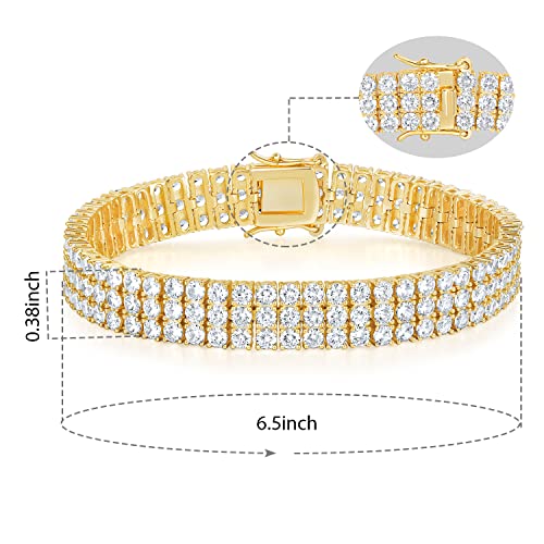 GEMSME Gold Bracelets for Men and Women 18K Yellow Gold Plated 3 Row Round Cubic Zirconia Classic Tennis Bracelet Size 6.5/7/7.5/8/8.5 Inch