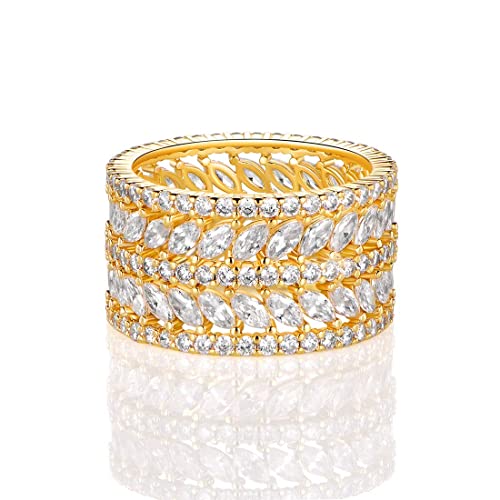 GEMSME 14K Yellow Gold Plated Marquise Cubic Zirconia Eternity Statement Ring for Women Men