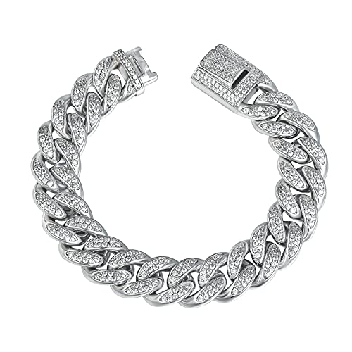 GEMSME Cuban Link Bracelet 18K White Gold Plated Bracelet Iced Out Cubic Zirconia Hip Hop Jewelry for Women Men