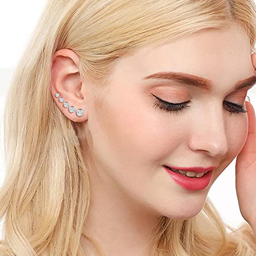GEMSME 5 Pairs Studs Earrings Set Cubic Zirconia Round Bezel Set Stud Earrings Hypoallergenic 18K White Gold Plated 3-7mm CZ Stud Earrings for Women Men Christmas Gifts