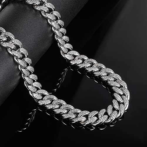 GEMSME Cuban Link Chain Necklace for Men Women Hip Hop Necklace Iced Out Cubic Zirconia 18K White Gold Plated CZ Clasp Chain
