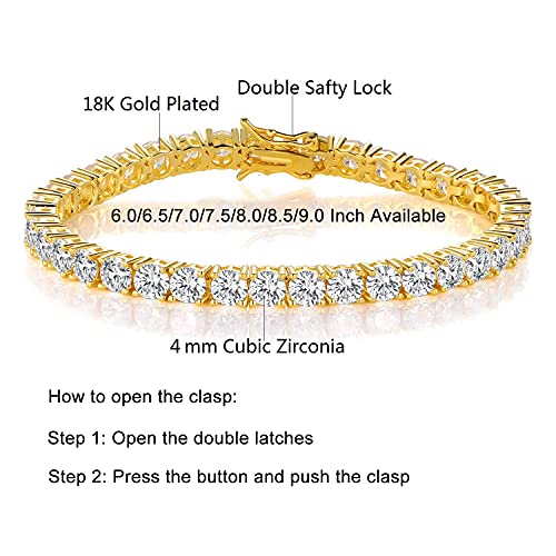 GEMSME Gold Bracelets for Men and Women 18K Yellow Gold Plated 4.0 Round Cubic Zirconia Classic Tennis Bracelet Size 6-9 Inch