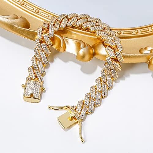 GEMSME 18K Yellow Gold Plated Bracelet Full Iced Out Cubic Zirconia Cuban Link Chain Hip Hop Bracelet for Men Women 7.5 Inch
