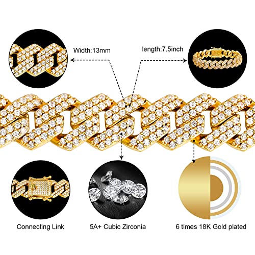 GEMSME 18K Yellow Gold Plated Bracelet Full Iced Out Cubic Zirconia Cuban Link Chain Hip Hop Bracelet for Men Women 7.5 Inch