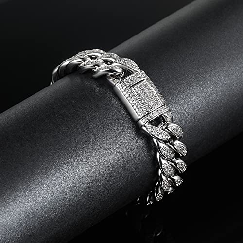 GEMSME Cuban Link Bracelet 18K White Gold Plated Bracelet Iced Out Cubic Zirconia Hip Hop Jewelry for Women Men