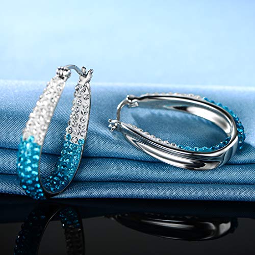 GEMSME 14K Gold Plated White and Blue Crystal Created Hoop Earrings for Women Christmas Gift
