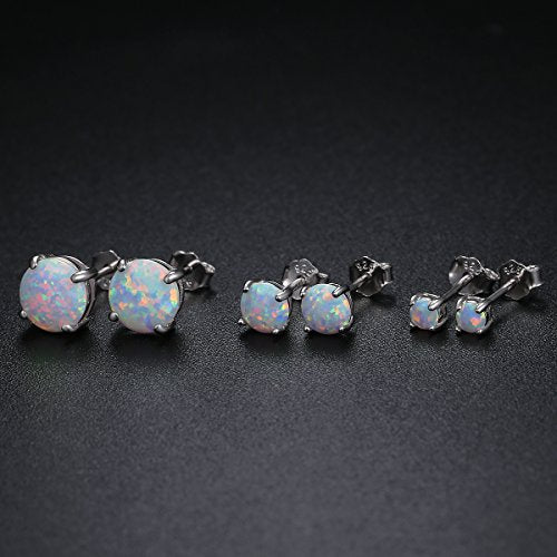 925 Sterling Silver 3/5/7mm Round Opal Stud Earrings Plated With 18K White Gold Pack of 3