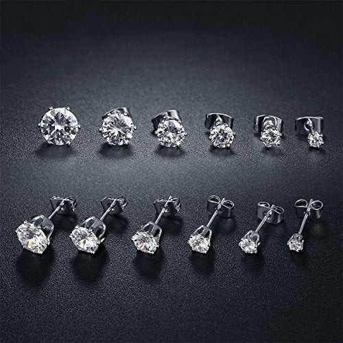 GEMSME 18K White Gold Plated Round Cubic Zirconia Stud Earrings Pack of 6