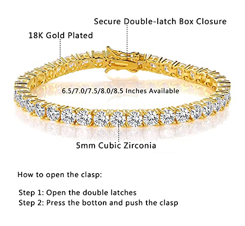 GEMSME Tennis Bracelets for Women, 18K Gold Plated 5mm Round Gorgeous Cubic Zirconia Tennis Bracelets for Men, Gold Plated Bracelet Jewelry Size 6.5-8.5 Inch