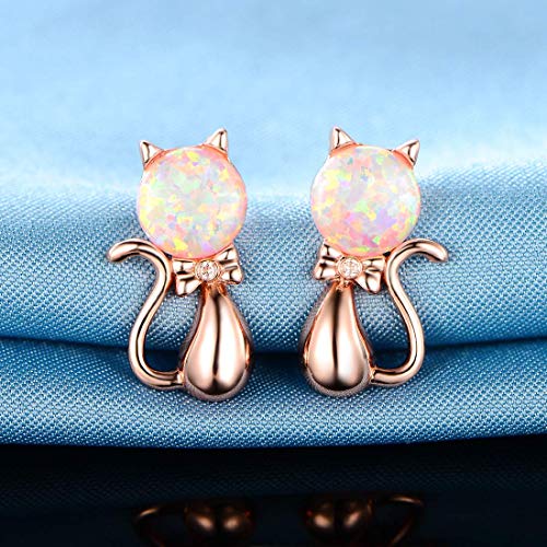 GEMSME Fire Opal Cat Owl Stud Earrings 18K Rose Gold Plated Earrings Cute Hypollegenic Jewelry for Women