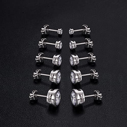 GEMSME 5 Pairs Studs Earrings Set Cubic Zirconia Round Bezel Set Stud Earrings Hypoallergenic 18K White Gold Plated 3-7mm CZ Stud Earrings for Women Men Christmas Gifts