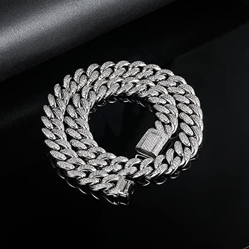 GEMSME Cuban Link Chain Necklace for Men Women Hip Hop Necklace Iced Out Cubic Zirconia 18K White Gold Plated CZ Clasp Chain