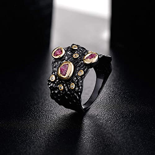GEMSME 925 Sterling Silver Band Rings for Women & Men Red Gemstone Black Ring Hypoallergenic Personalized Jewelry Gift for Halloween
