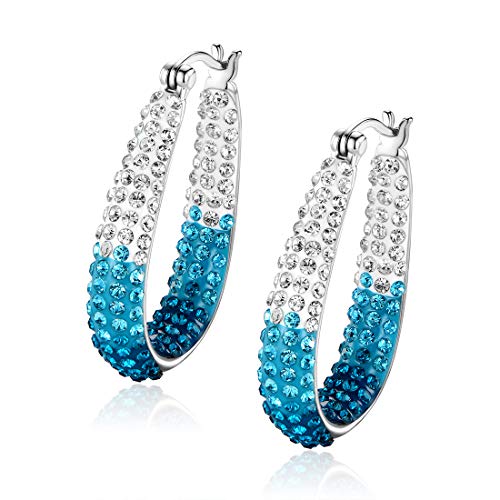 GEMSME 14K Gold Plated White and Blue Crystal Created Hoop Earrings for Women Christmas Gift