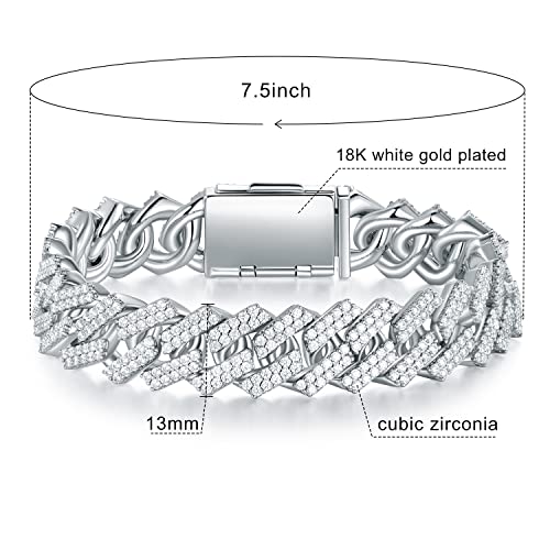 GEMSME 18K White Gold Plated Bracelet Full Iced Out Cubic Zirconia Cuban Link Chain Hip Hop Bracelet for Men Women