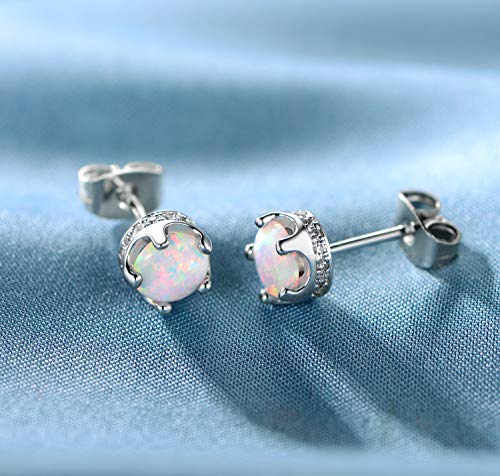 GEMSME Rhodium Plated Opal Halo Cubic Zirconia Crown Stud Earrings Hypoallergenic Jewelry for Women Girls
