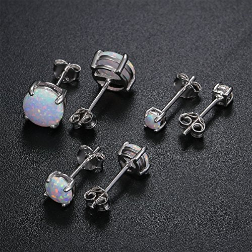 925 Sterling Silver 3/5/7mm Round Opal Stud Earrings Plated With 18K White Gold Pack of 3