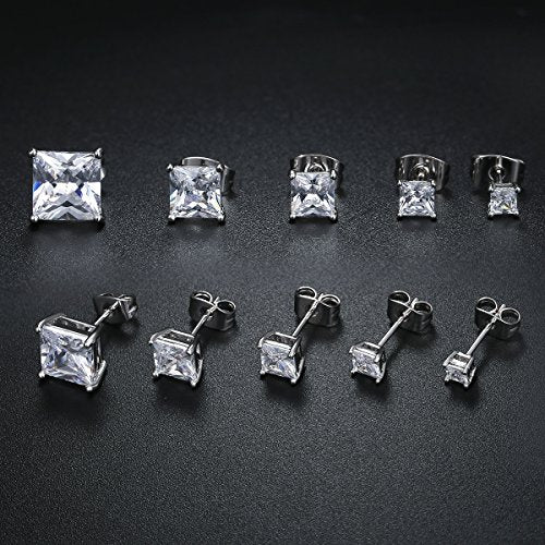 GEMSME 18K Gold Plated Princess Cut Clear Cubic Zirconia Stud Earrings Pack of 5