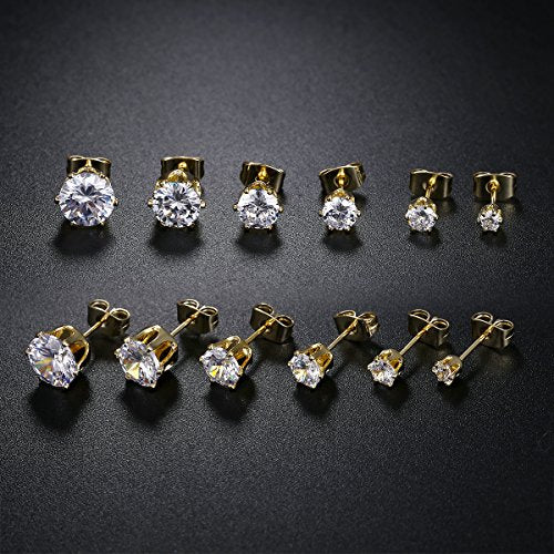GEMSME 18K Yellow Gold Plated Round Cubic Zirconia Stud Earrings Pack of 6