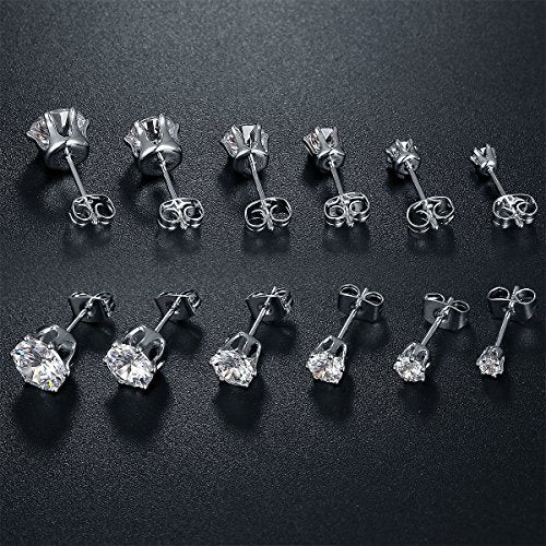 GEMSME 18K White Gold Plated Round Cubic Zirconia Stud Earrings Pack of 6