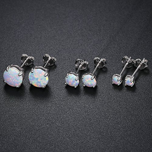 925 Sterling Silver 3/5/7mm Round Opal Stud Earrings Plated With 18K White Gold Pack of 3
