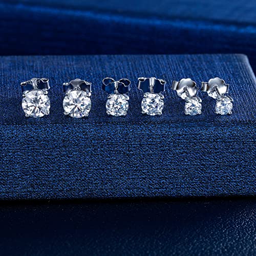 925 Sterling Silver Filled White Gold 4 Pong Round Clear Moissanite Stud Earring for Women 3/4/5mm Pack of 3 Pairs