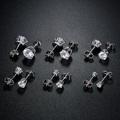 GEMSME 18K White Gold Plated Round Cubic Zirconia Stud Earrings Pack of 6