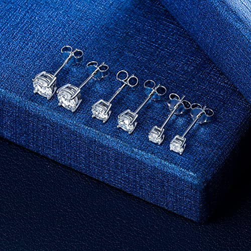 925 Sterling Silver Filled White Gold 4 Pong Round Clear Moissanite Stud Earring for Women 3/4/5mm Pack of 3 Pairs